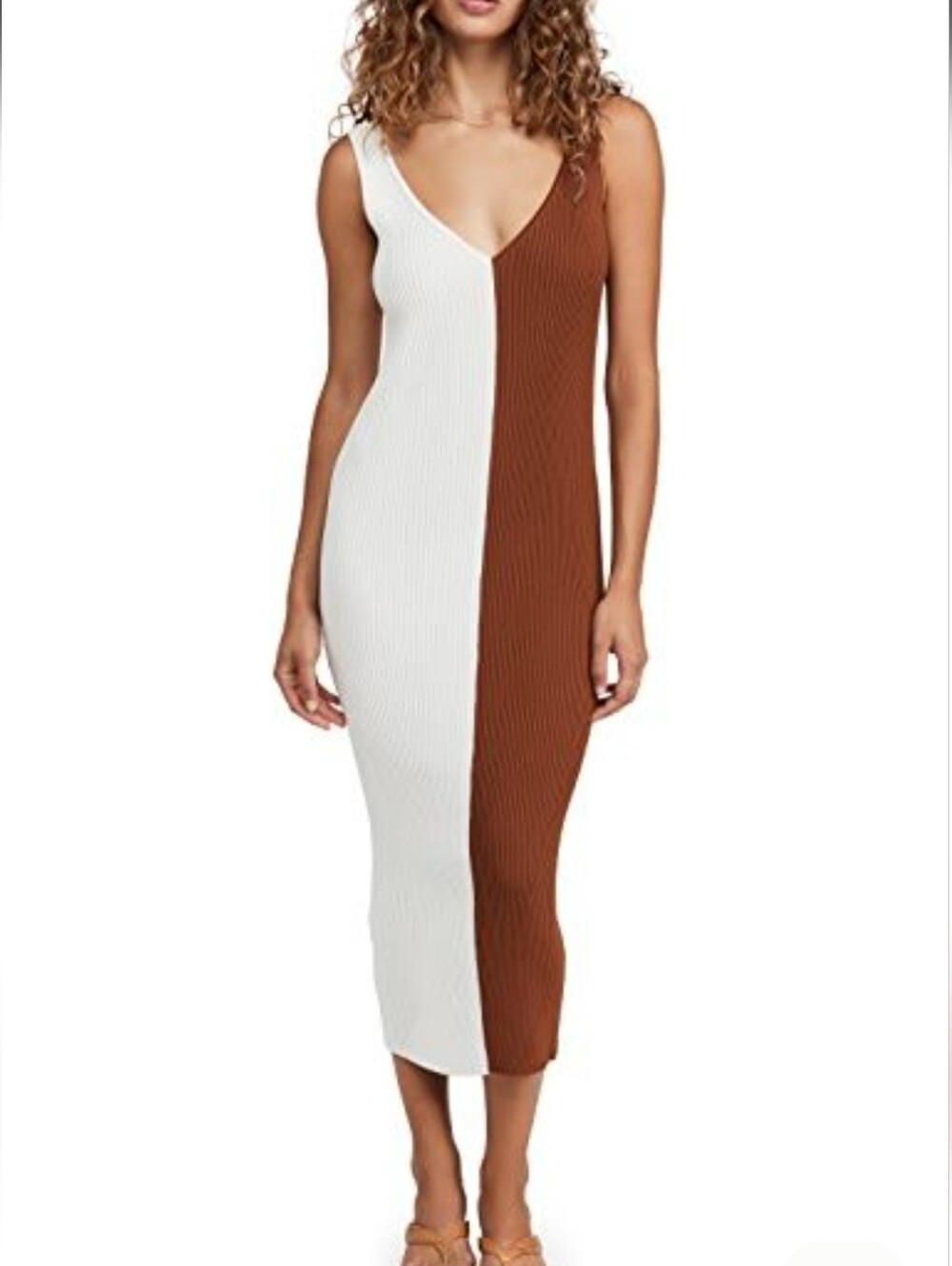 STAUD 🤎Two-Tone Ribbed V-Neck Midi Dress in White and Brown